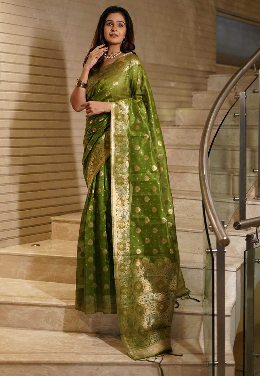 Rich mehendi Organza Saree with small floral weaves