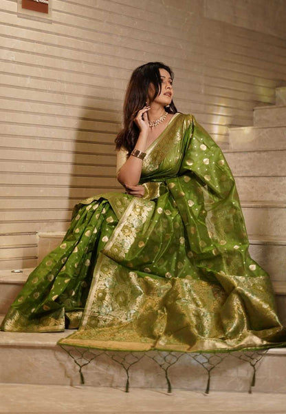 Rich mehendi Organza Saree with small floral weaves