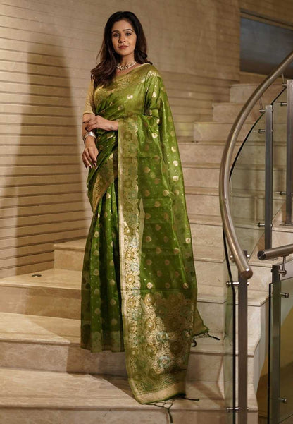 Rich mehendi Organza Saree with small floral weaves