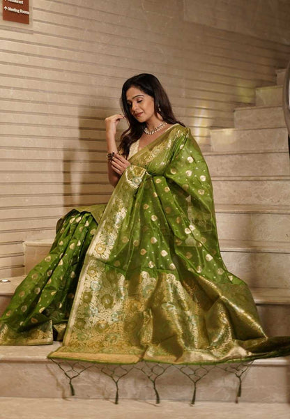 Rich mehendi Organza Saree with small floral weaves