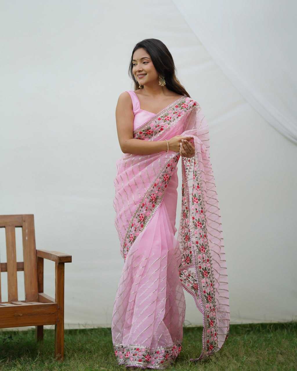 Organza Saree with Embroidered Flowers on Border