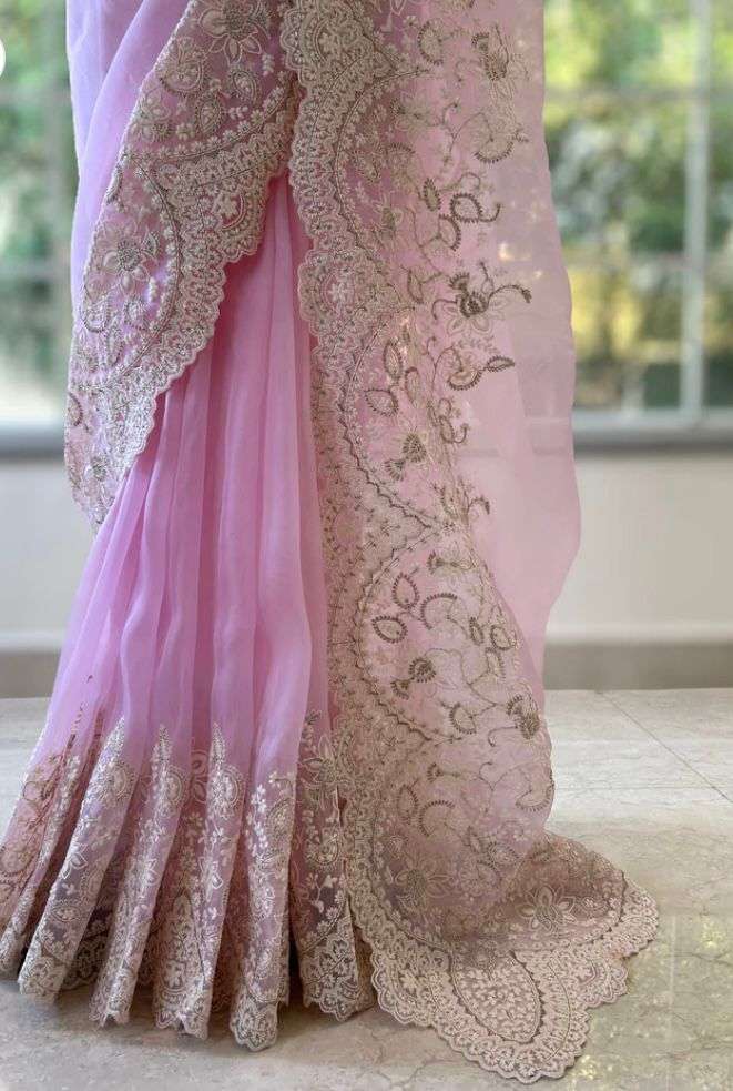 Elegant Organza Silk Saree with Beautiful Cut Work Borders