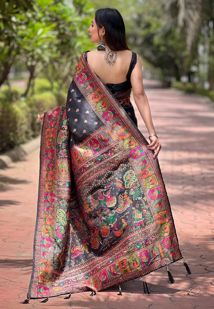 Black Pashmina Saree with Kashmiri Weaves