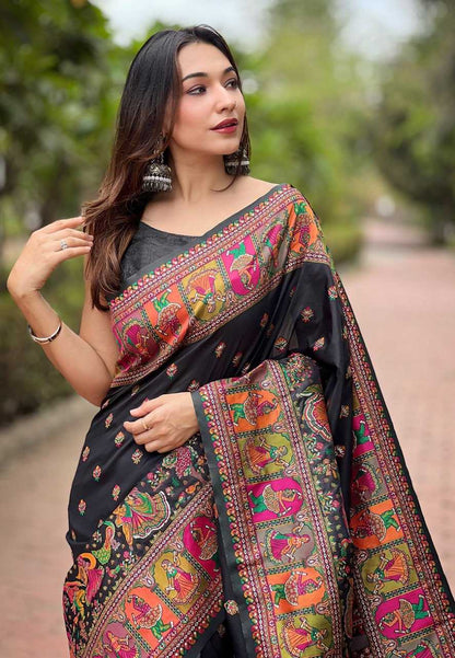 Black Pashmina Saree with Kashmiri Weaves