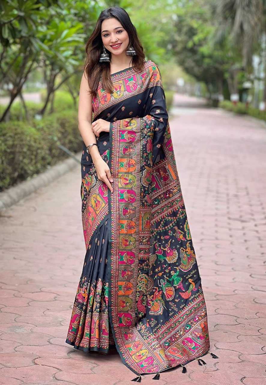 Black Pashmina Saree with Kashmiri Weaves