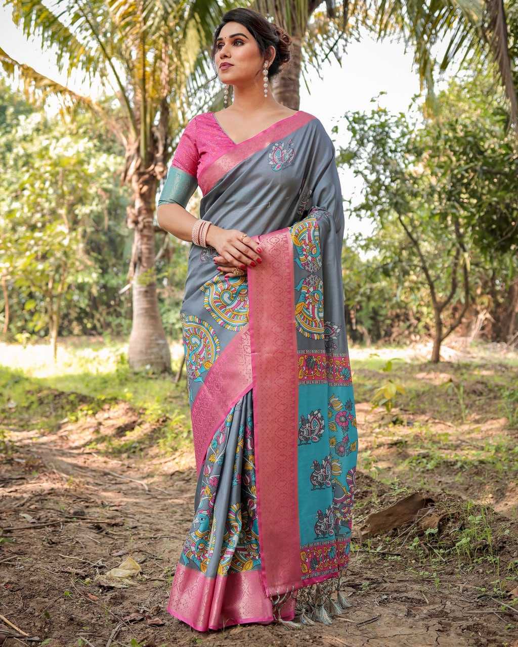 Gray & Pink Pure Silk Saree