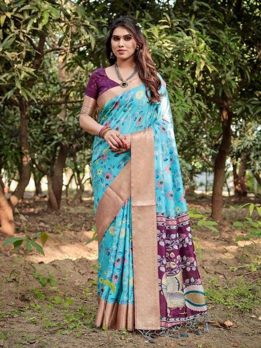 Blue Pure Silk Saree with All Over Print