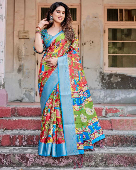 Multi Color Pure Silk Saree with Broad Print