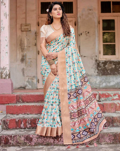 Multi Color Pure Silk Saree with Geometric Patterns