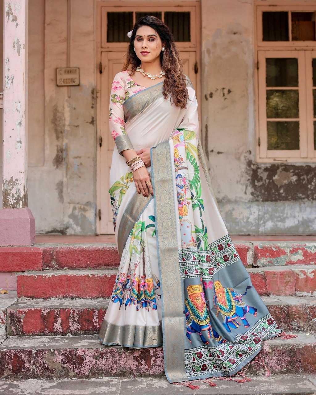 Stylish White Color Pure Silk Saree