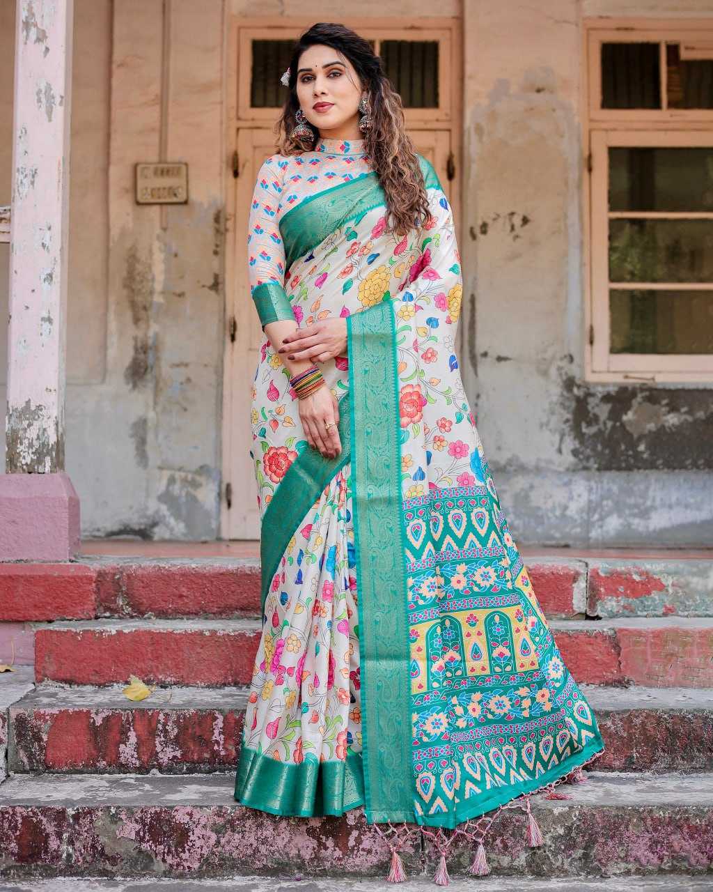 Cream Pure Silk Saree with Floral Design