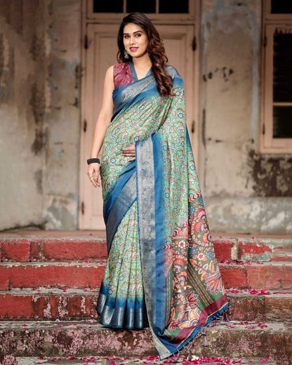 Green & Blue Pure Silk Saree with Fine Print