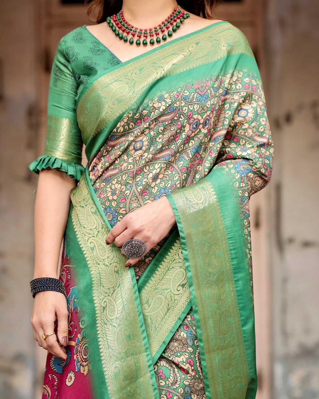 Green Fine Print Pure Silk Saree