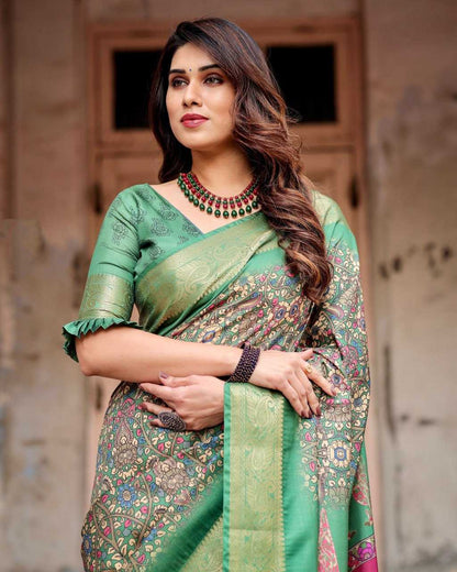 Green Fine Print Pure Silk Saree