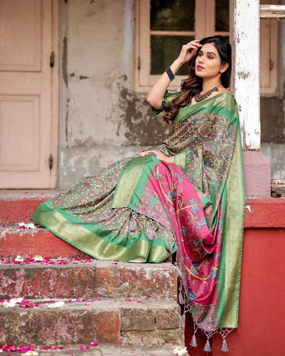 Green Fine Print Pure Silk Saree