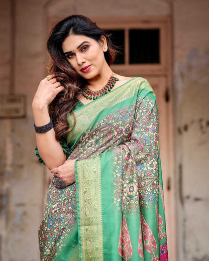 Green Fine Print Pure Silk Saree