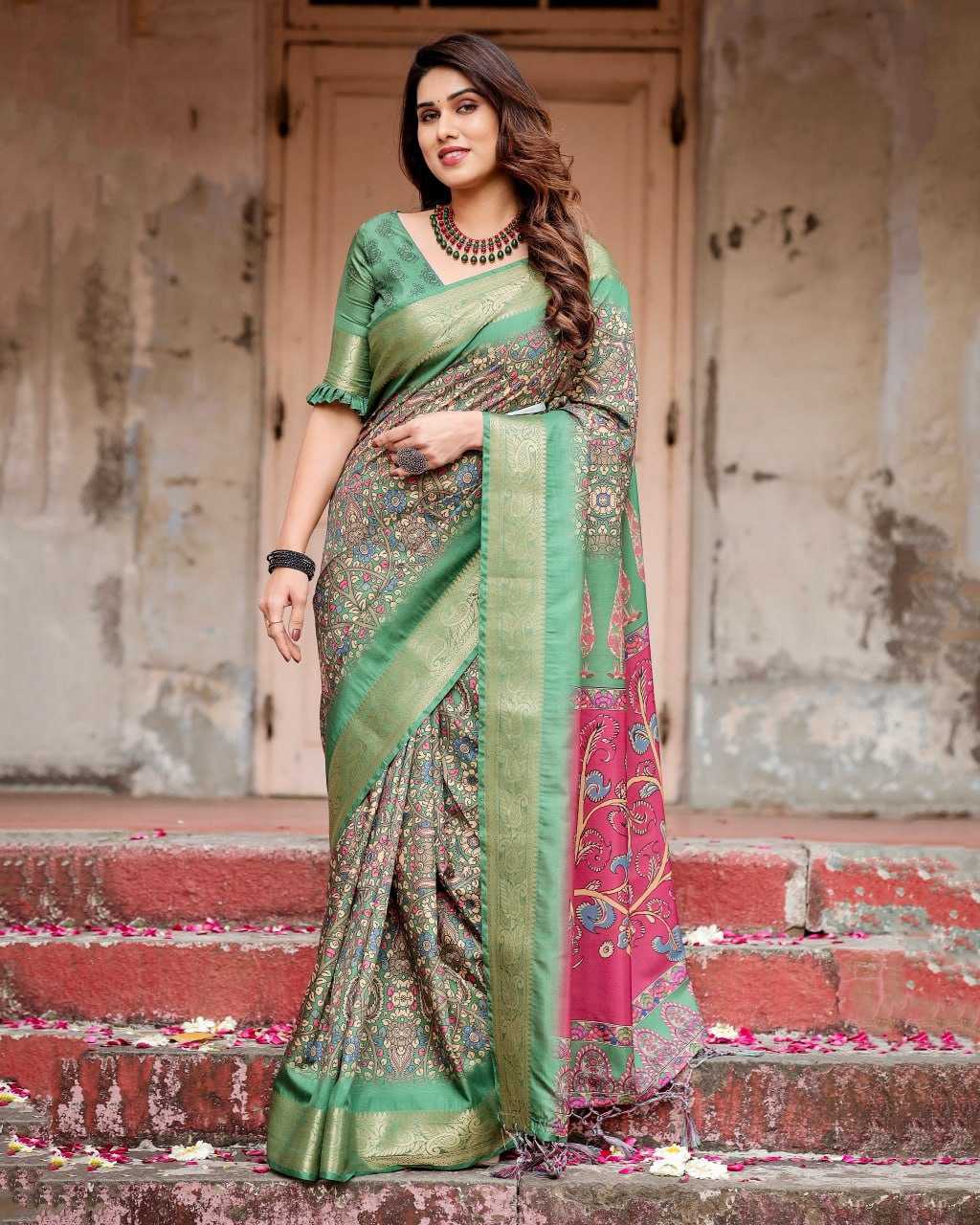 Green Fine Print Pure Silk Saree