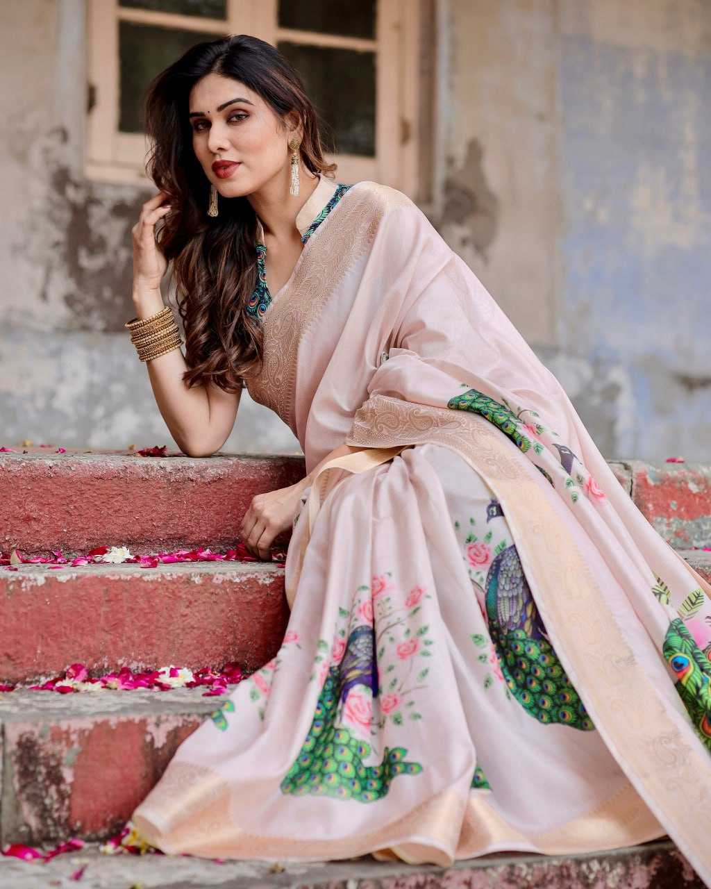 Beautiful Pink Pure Silk Saree with Peacock Design