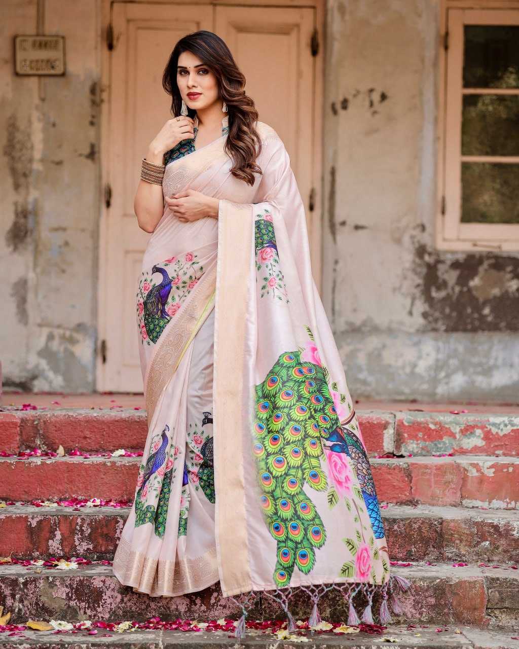 Beautiful Pink Pure Silk Saree with Peacock Design