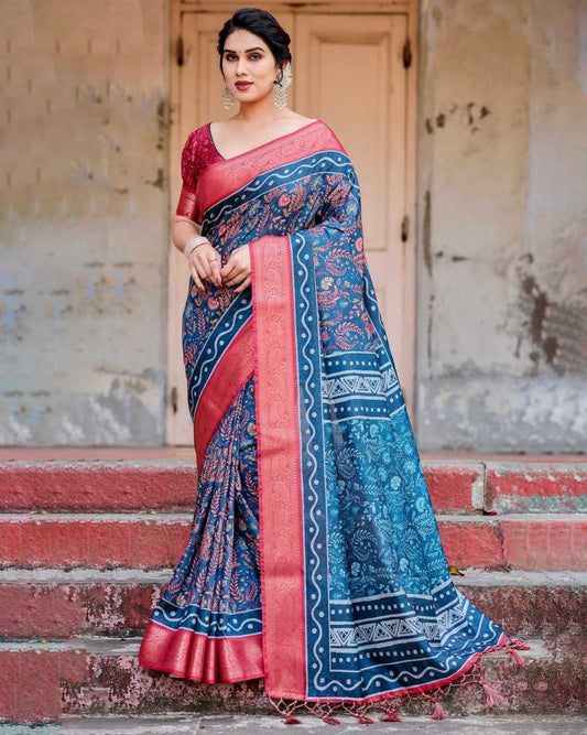 Blue Pure Silk Saree with Print All Over