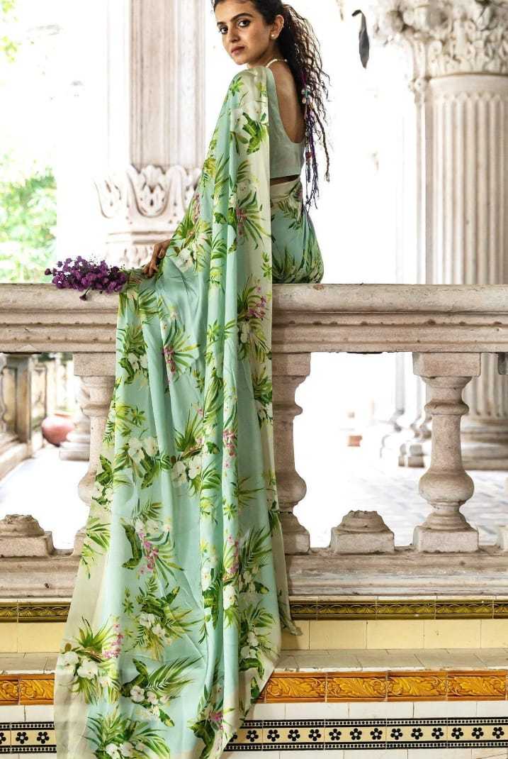 Green Chic Japan Satin Saree With Digital Print