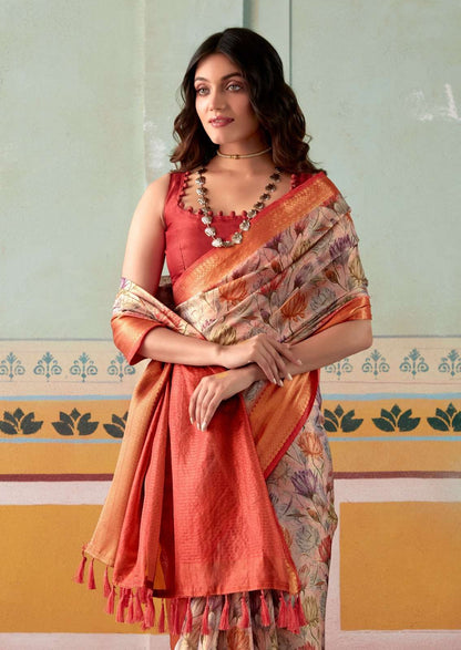 Elegant Handloom Satin Saree with Floral Print