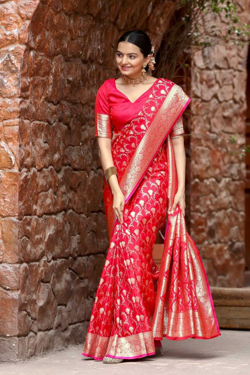 Pink Banarasi Mushro Satin Silk Saree