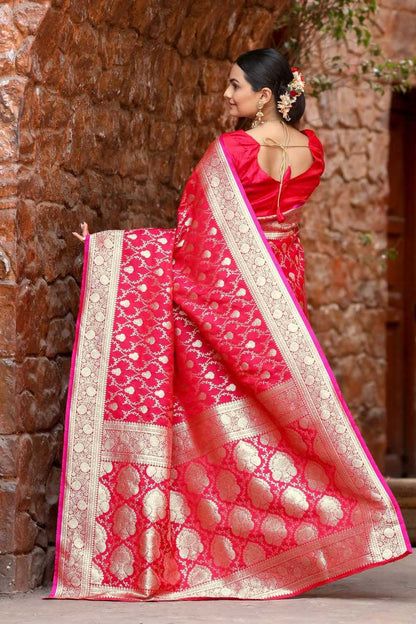 Pink Banarasi Mushro Satin Silk Saree