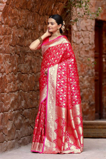 Pink Banarasi Mushro Satin Silk Saree