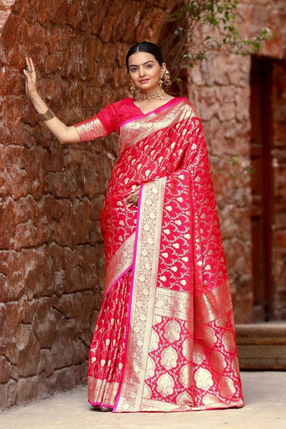 Pink Banarasi Mushro Satin Silk Saree