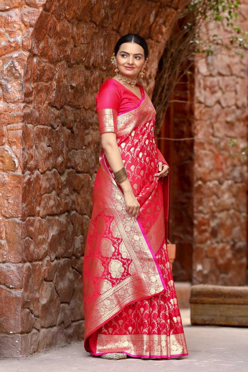 Pink Banarasi Mushro Satin Silk Saree