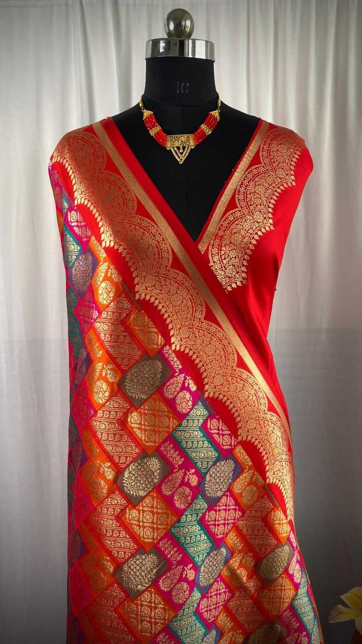 Red Banarasi Silk With Satin Silk Saree With Rangkat Weaves