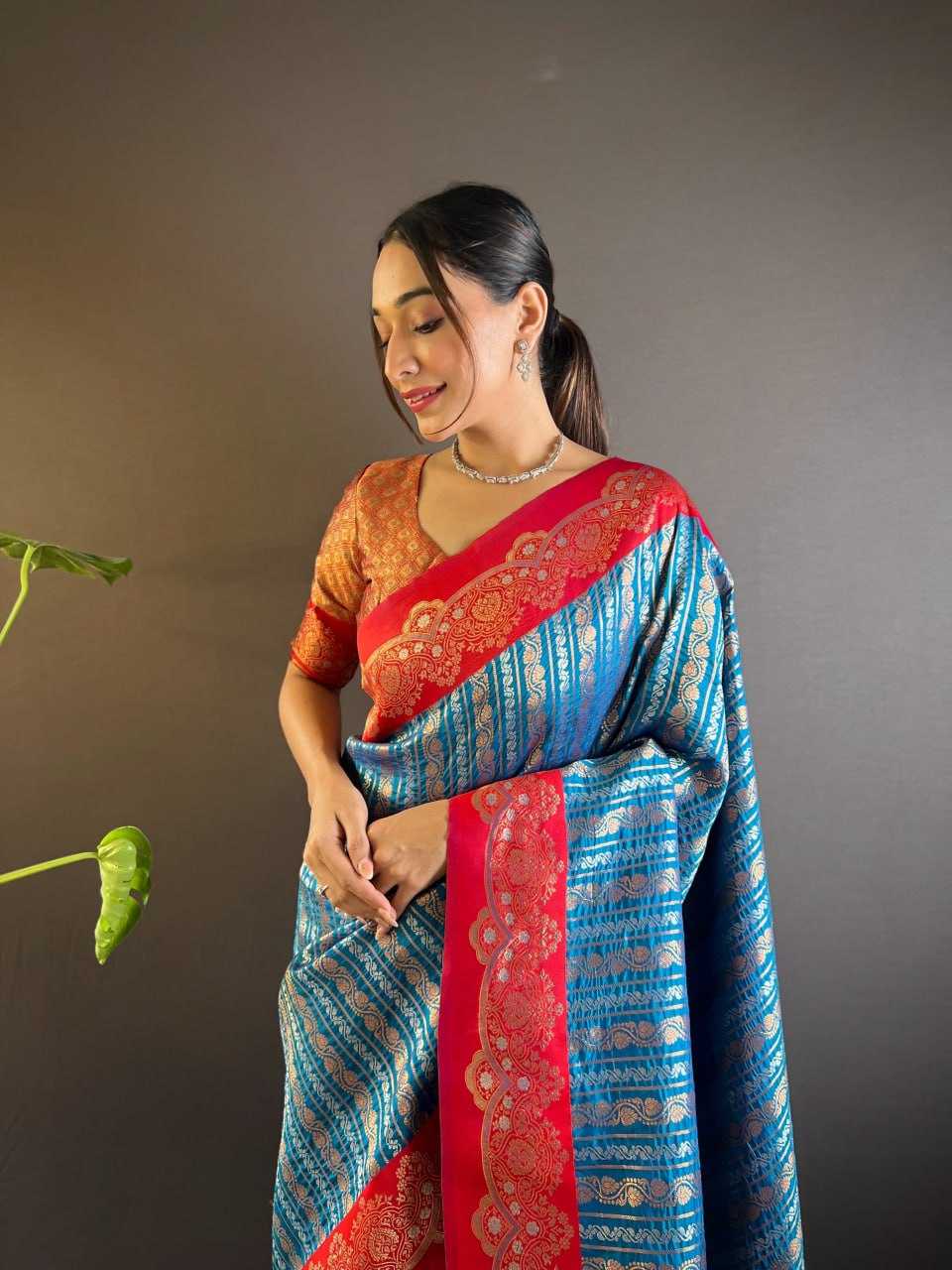 Blue Soft Silk Saree with Zari Lining All Over