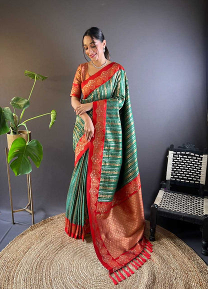 Green Soft Silk Saree with Zari Lining All Over