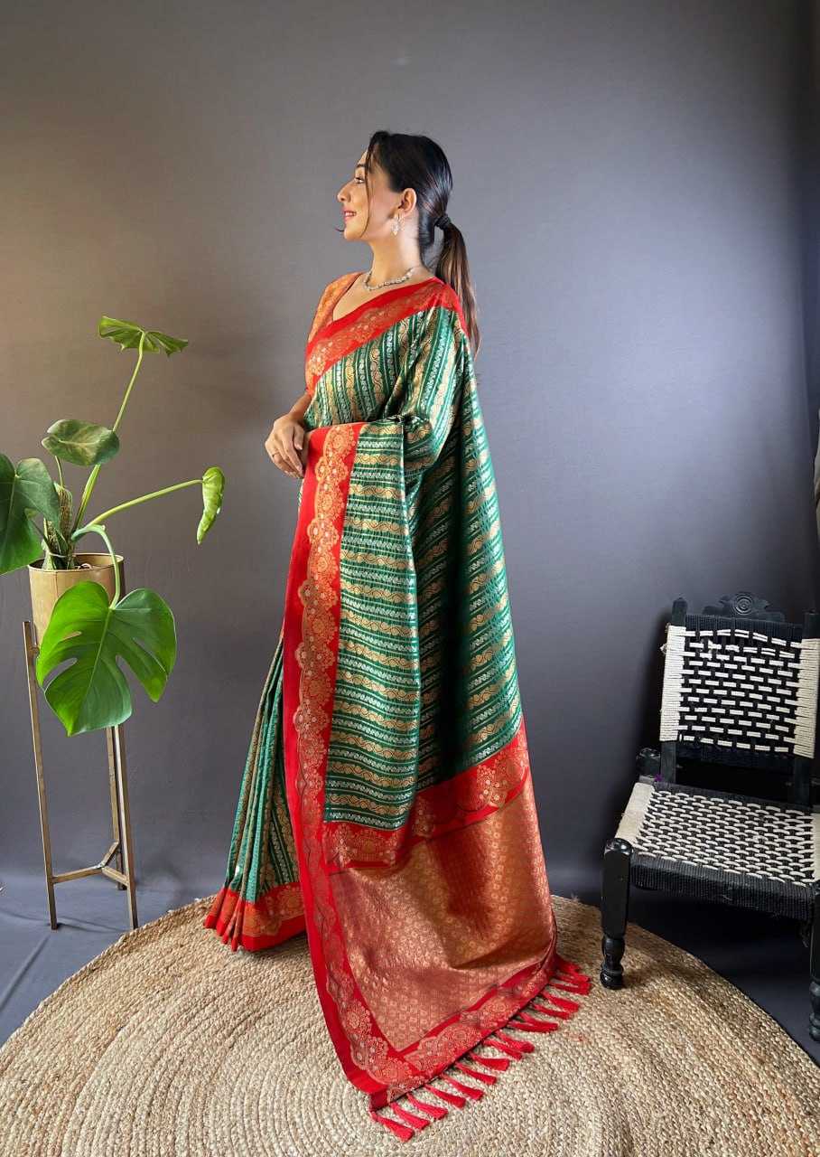 Green Soft Silk Saree with Zari Lining All Over