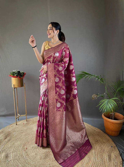 Wine Traditional Silk Saree With Zari Border