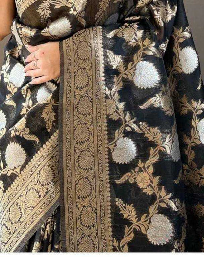 Black Traditional Silk Saree With Zari Border