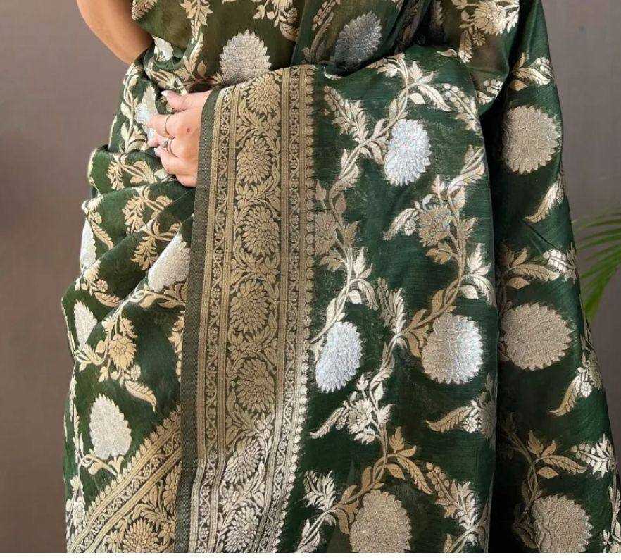 Green Traditional Silk Saree With Zari Border