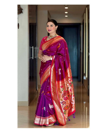 Purple Soft Muga Cotton Saree with Jamdani Print