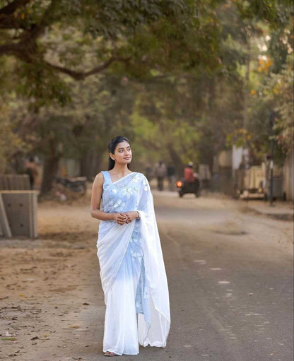 White Soft Silk Hand Printed Saree