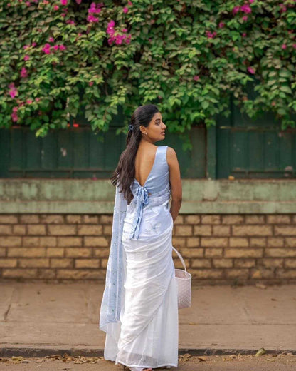 White Soft Silk Hand Printed Saree