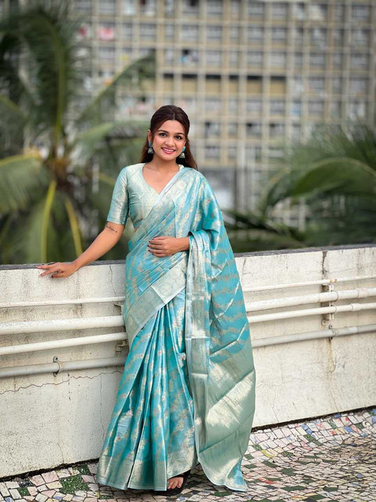 Kanjivaram Soft Tissue Pattu Traditional Saree with Leheriya Zari Meenakari weaves