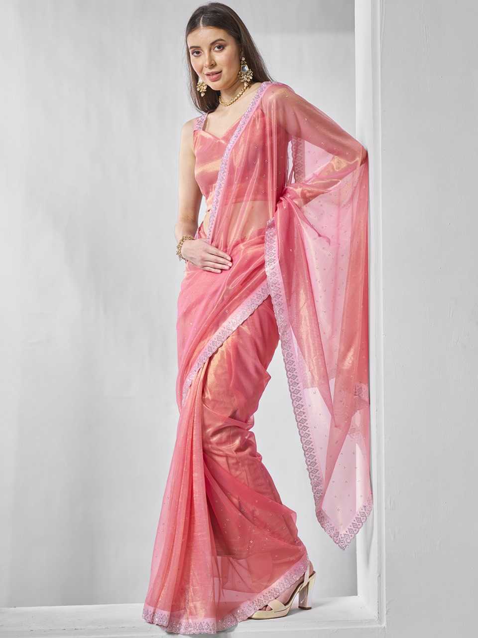 Pink Party Wear Tissue Silk Net Saree