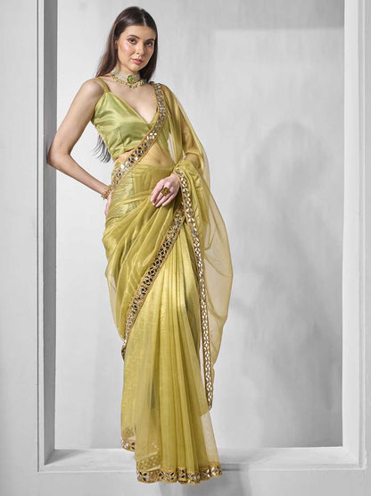 Mehndi Party Wear Tissue Silk Net Saree