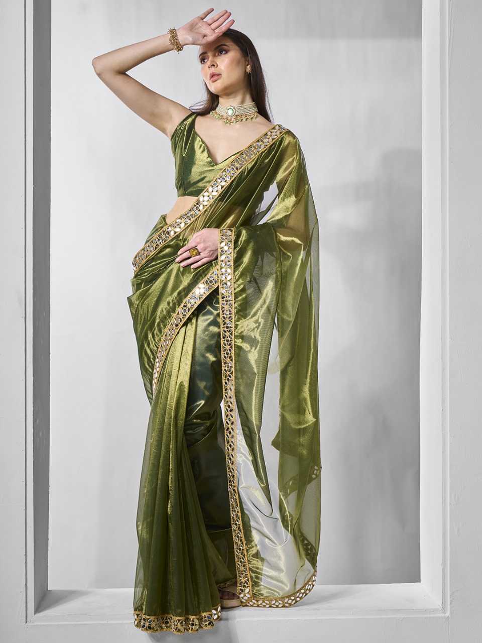 Green Party Wear Tissue Silk Net Saree