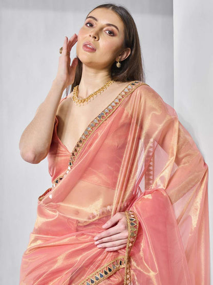 Peach Party Wear Tissue Silk Net Saree