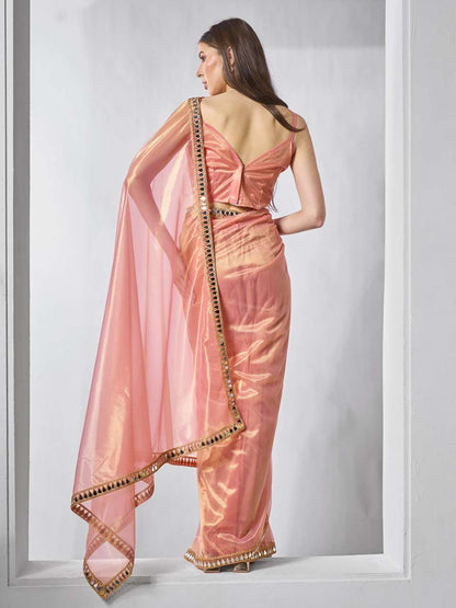 Peach Party Wear Tissue Silk Net Saree