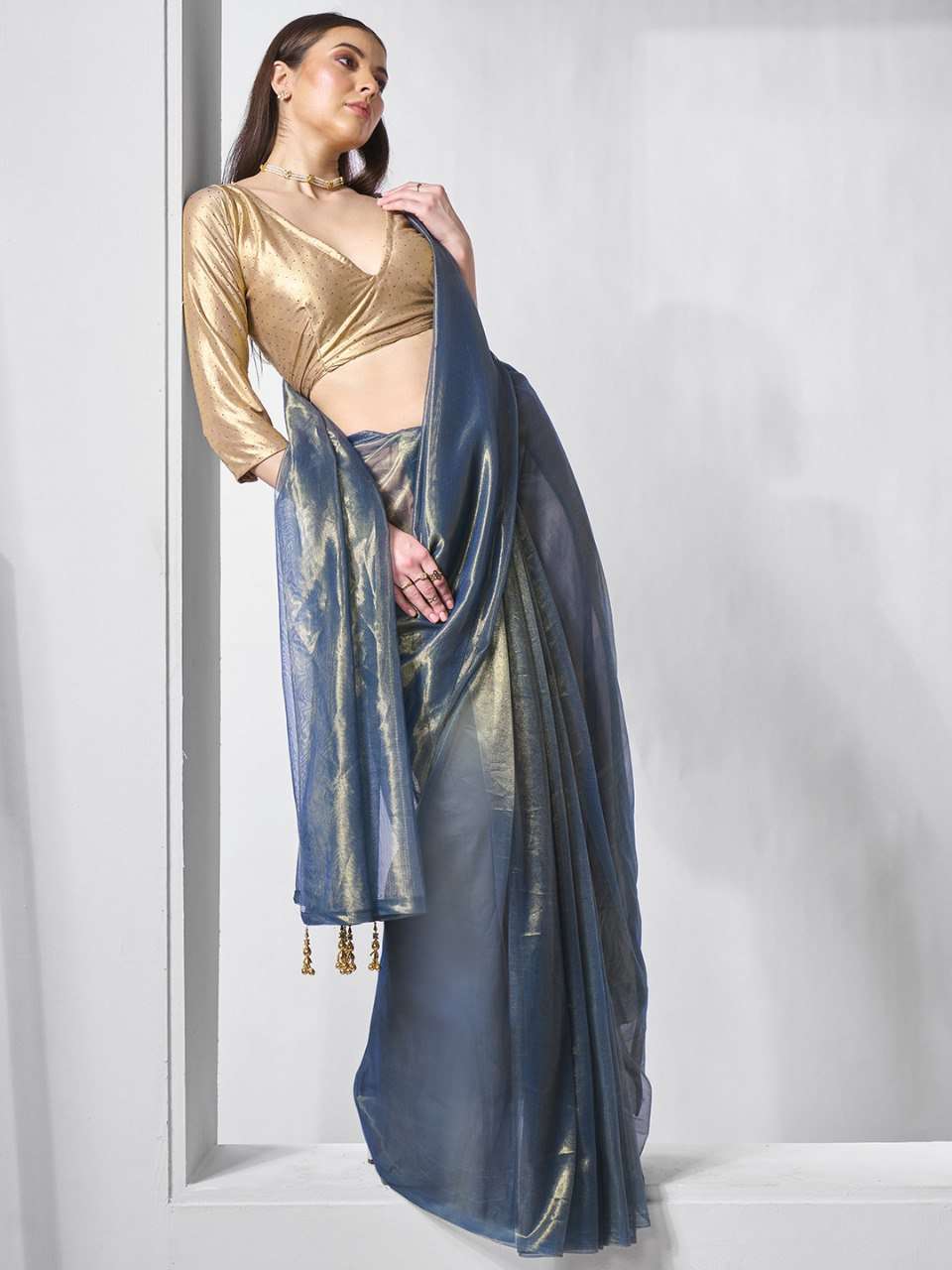 Blue Party Wear Tissue Silk Net Saree