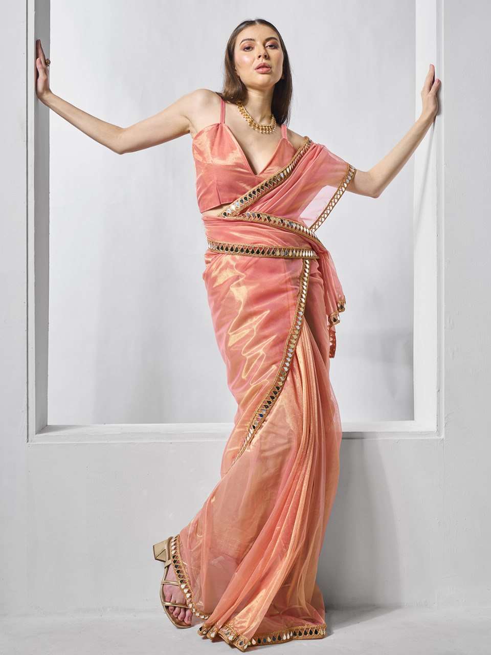 Peach Party Wear Tissue Silk Net Saree