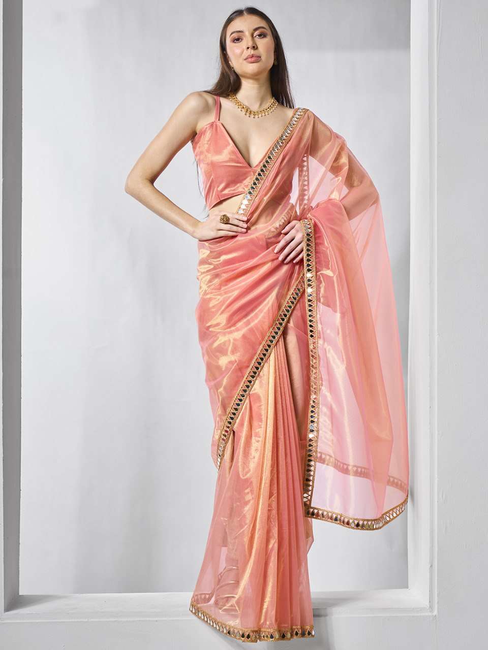 Peach Party Wear Tissue Silk Net Saree